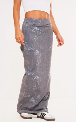 Navy Brushed Soft Rib Fold Over Waist Maxi Skirt