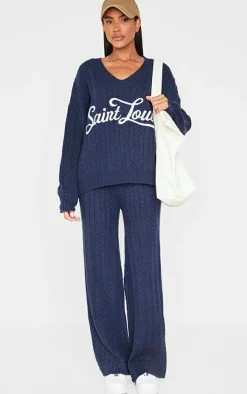 Navy Cable Knit Embroidered V Neck Sweater