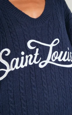 Navy Cable Knit Embroidered V Neck Sweater