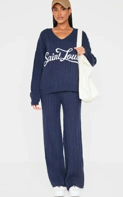 Navy Cable Knit Wide Leg Pants
