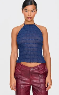 Navy Chiffon Ruched Detail Halterneck Long Line Top