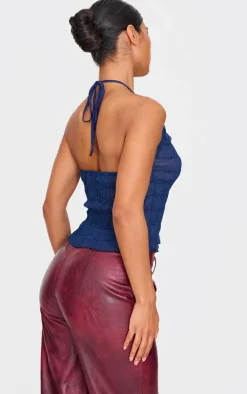 Navy Chiffon Ruched Detail Halterneck Long Line Top