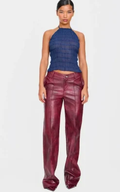 Navy Chiffon Ruched Detail Halterneck Long Line Top