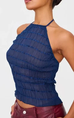 Navy Chiffon Ruched Detail Halterneck Long Line Top