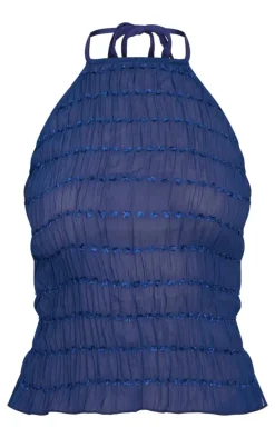 Navy Chiffon Ruched Detail Halterneck Long Line Top