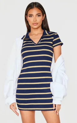 Navy Collar Striped Bodycon Dress