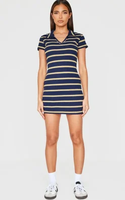 Navy Collar Striped Bodycon Dress