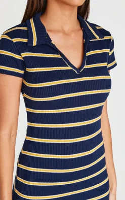 Navy Collar Striped Bodycon Dress