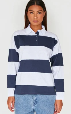 Navy Collared Stripey Oversized Long Sleeve T Shirt