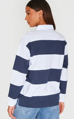 Navy Collared Stripey Oversized Long Sleeve T Shirt