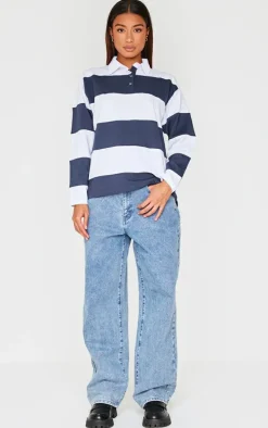 Navy Collared Stripey Oversized Long Sleeve T Shirt