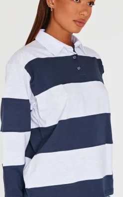 Navy Collared Stripey Oversized Long Sleeve T Shirt