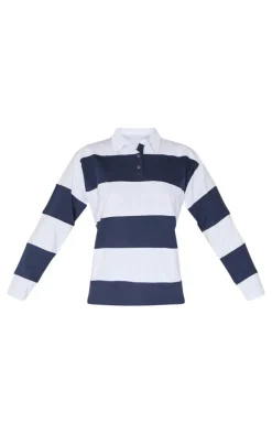 Navy Collared Stripey Oversized Long Sleeve T Shirt