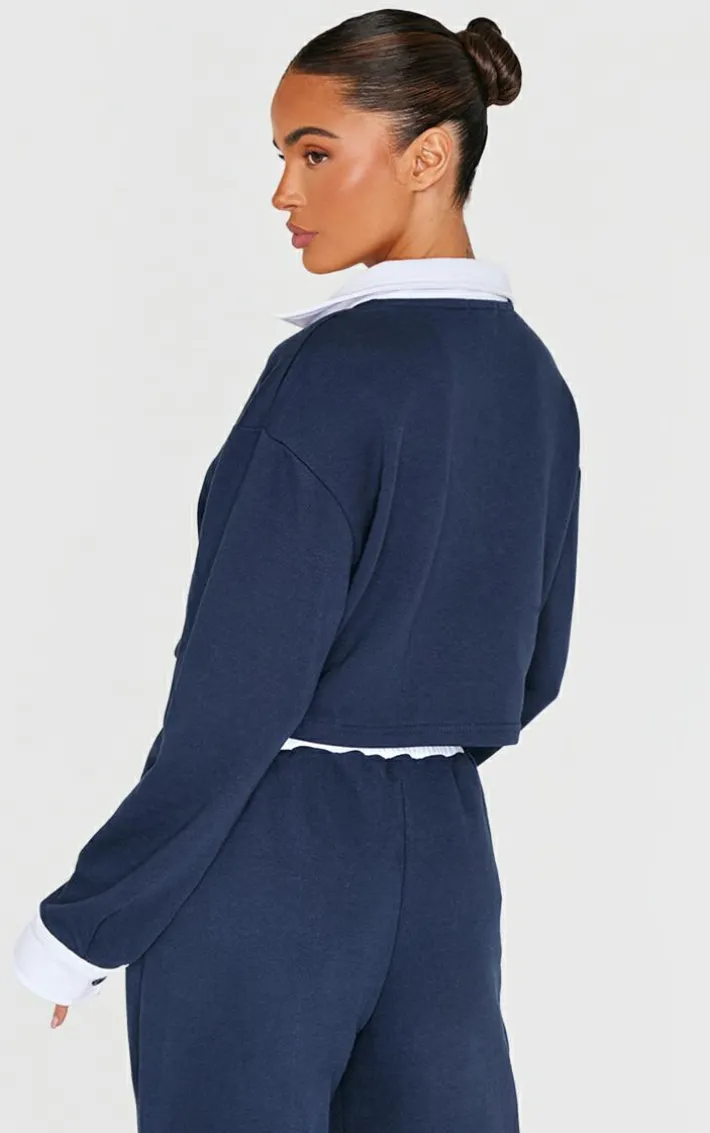 Navy Contrast Panel Collared Cropped Sweatshirt