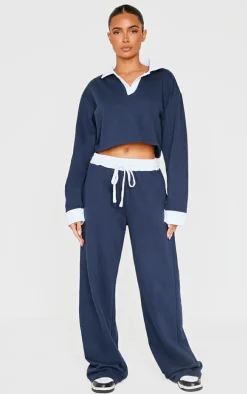 Navy Contrast Panel Collared Cropped Sweatshirt