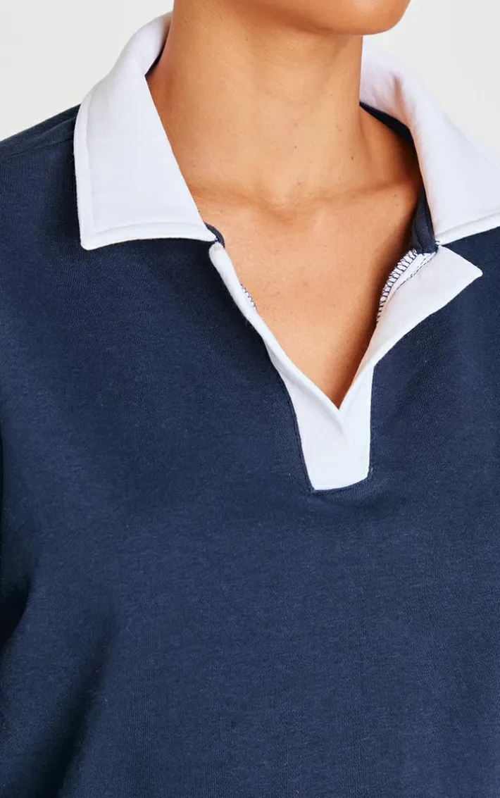 Navy Contrast Panel Collared Cropped Sweatshirt