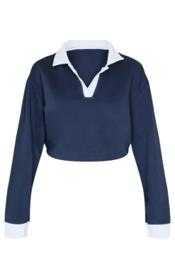 Navy Contrast Panel Collared Cropped Sweatshirt