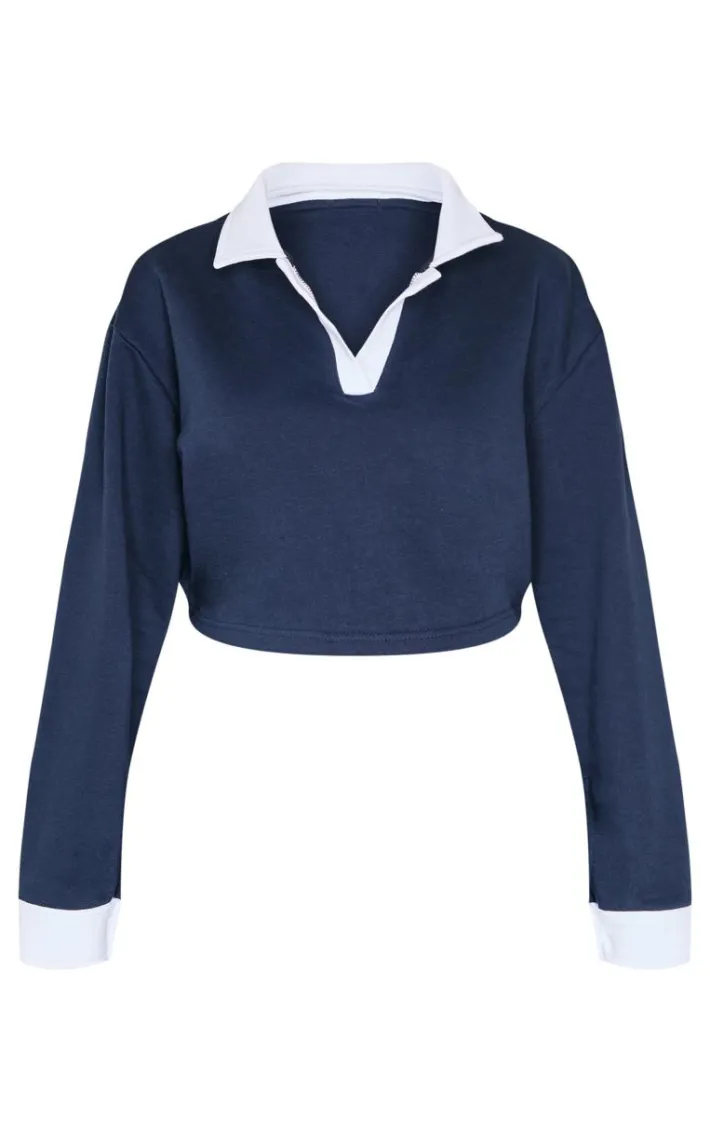 Navy Contrast Panel Collared Cropped Sweatshirt