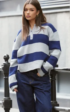 Navy Contrast Stripe Button Through Thick Rib Knit Rugby Top