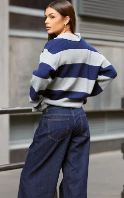 Navy Contrast Stripe Button Through Thick Rib Knit Rugby Top