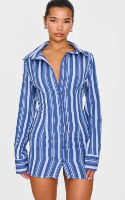 Navy Contrast Stripe Long Sleeve Shirt Dress