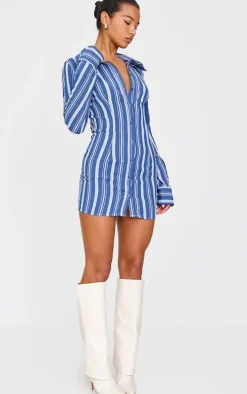 Navy Contrast Stripe Long Sleeve Shirt Dress