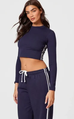 Navy Contrast Stripe Long Sleeve Fitted Top