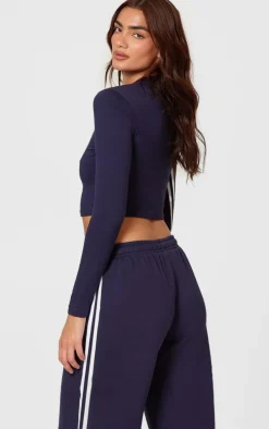 Navy Contrast Stripe Long Sleeve Fitted Top
