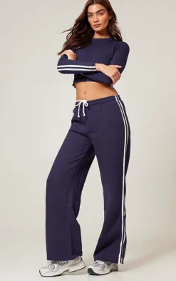 Navy Contrast Stripe Wide Leg Sweatpants