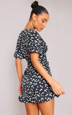 Navy Ditsy Floral Print Corset Swing Dress