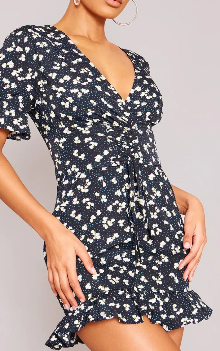 Navy Ditsy Floral Print Corset Swing Dress