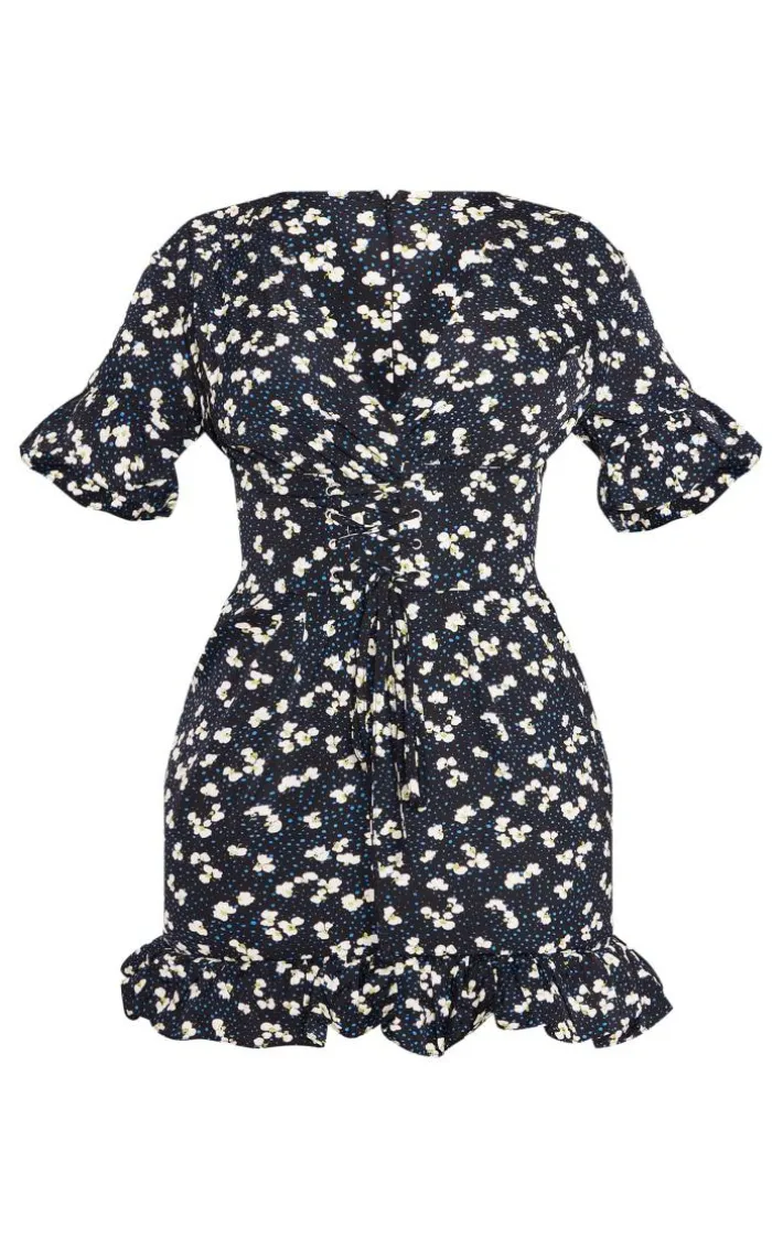Navy Ditsy Floral Print Corset Swing Dress