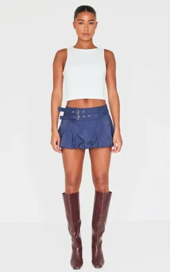 Navy Double Belt Detail Puffball Mini Skirt