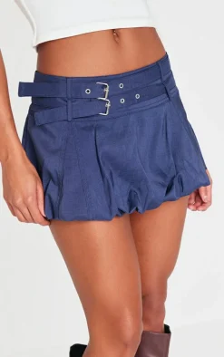 Navy Double Belt Detail Puffball Mini Skirt
