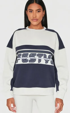 Navy Embroidered Contrast Oversized Varsity Sweatshirt