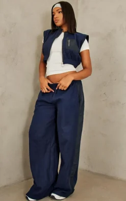 Navy Fleece Contrast Mid Rise Wide Leg Sweatpants