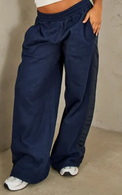 Navy Fleece Contrast Mid Rise Wide Leg Sweatpants