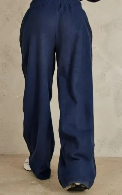 Navy Fleece Contrast Mid Rise Wide Leg Sweatpants