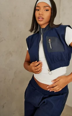 Navy Fleece Contrast Mid Rise Wide Leg Sweatpants