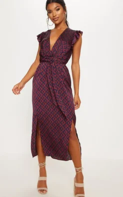 Navy Geo Print Satin Frill Shoulder Split Midi Dress