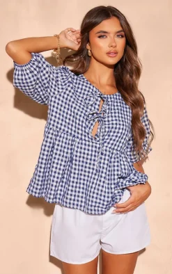 Navy Gigham Tie Front Puffsleeve Blouse