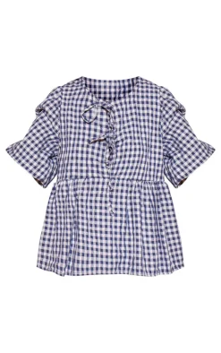 Navy Gigham Tie Front Puffsleeve Blouse
