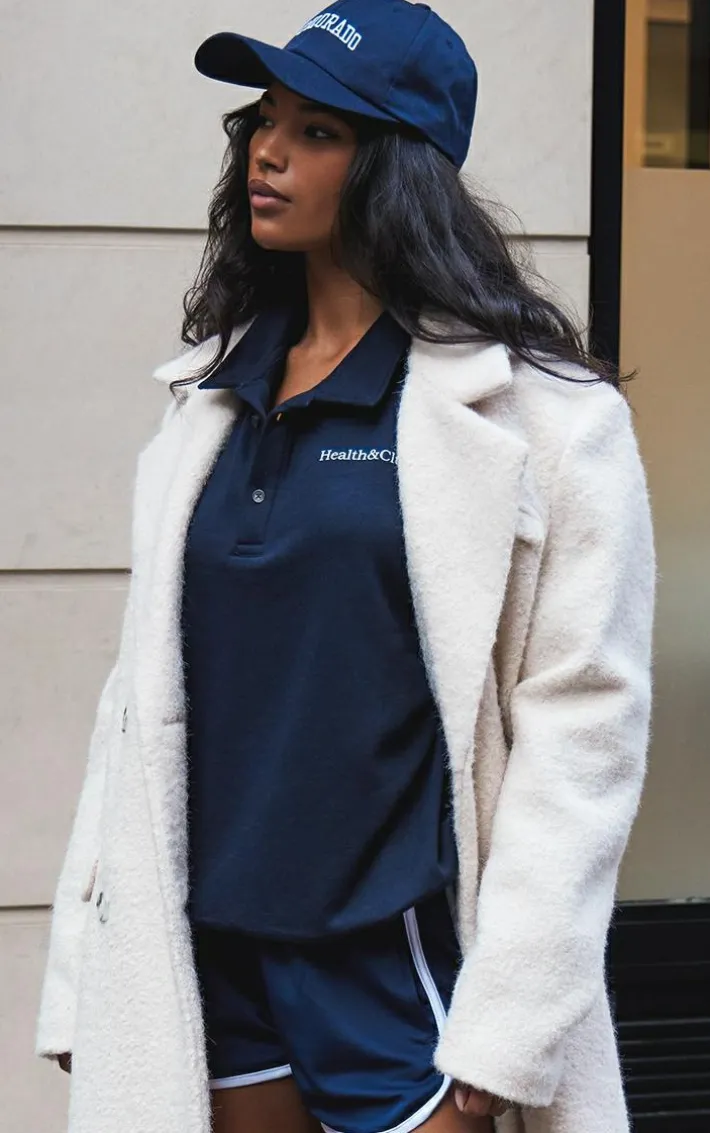 Navy Health Club Print Collared Oversized Sweatshirt