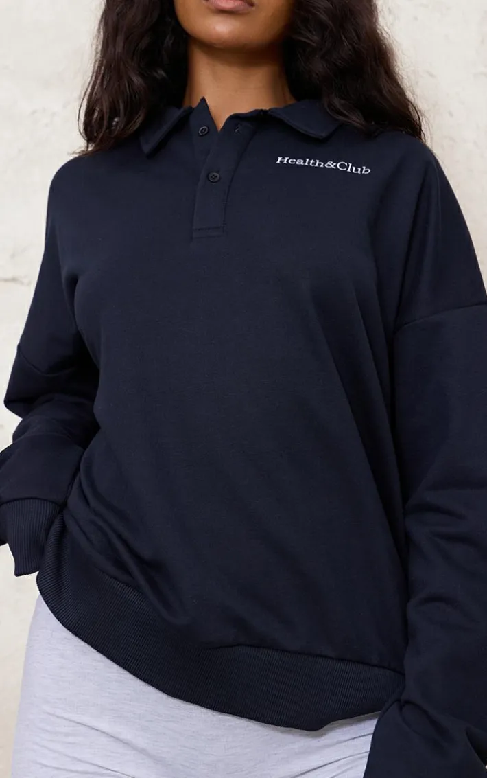 Navy Health Club Print Collared Oversized Sweatshirt
