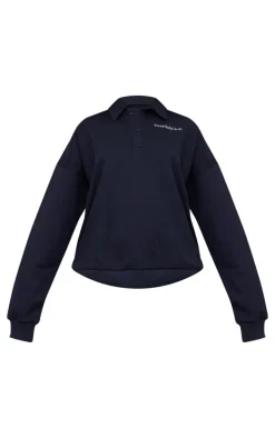 Navy Health Club Print Collared Oversized Sweatshirt