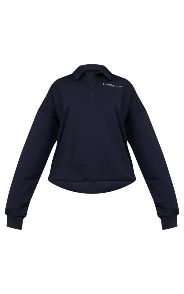 Navy Health Club Print Collared Oversized Sweatshirt