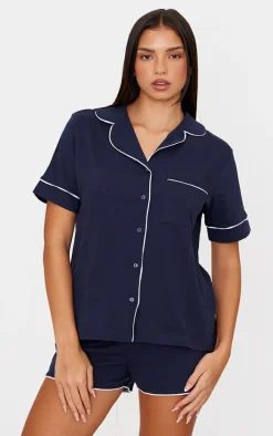 Navy Jersey Piping Detail Short PJ Set