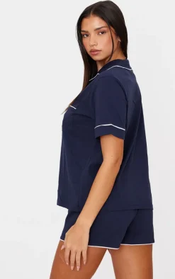Navy Jersey Piping Detail Short PJ Set