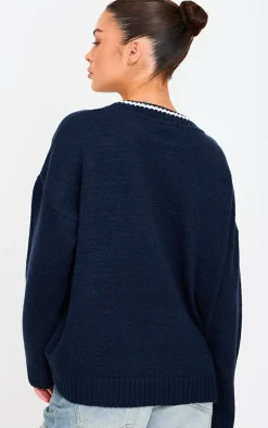 Navy Knit Oversized Embroidered Sweater