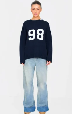 Navy Knit Oversized Embroidered Sweater